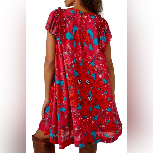 🔖 FREE PEOPLE
Yara Printed Flutter-Sleeve Floral Minidress Pink Red OB1705306 - Picture 6 of 10